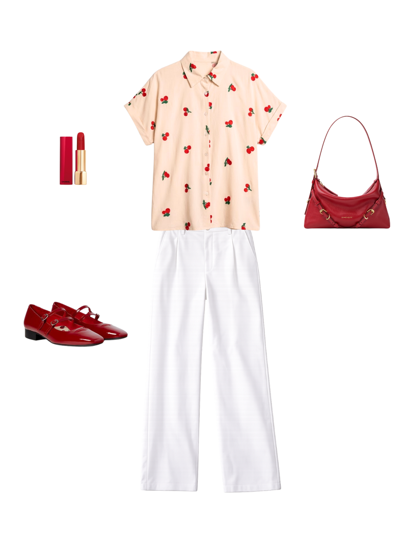 Mon Cherry Top Beige Outfit 1