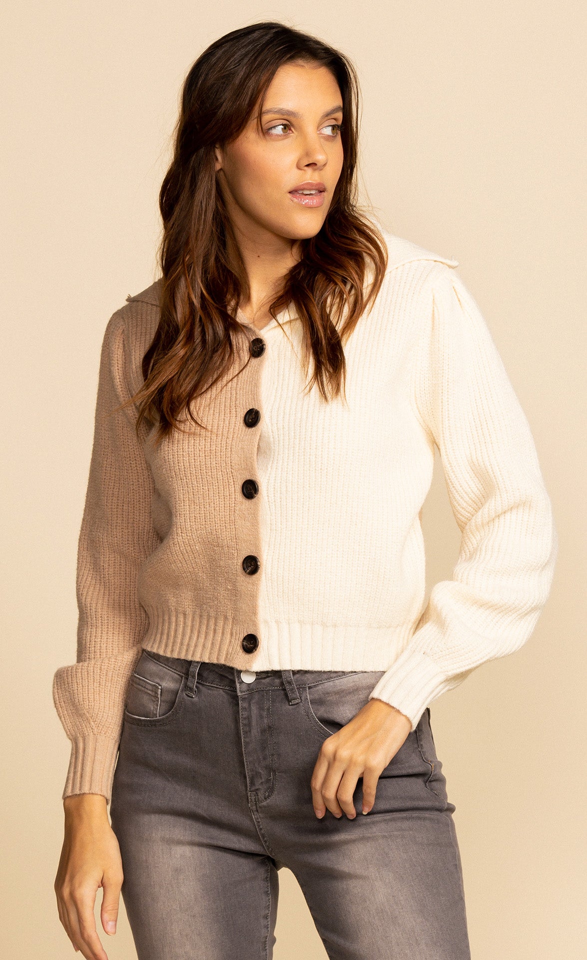 Amy Button-Up Sweater Taupe - Pink Martini Collection